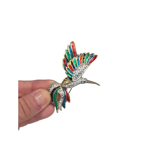 Colorful Hummingbird Brooch Pin With Rhinestones & Enamel Finish - Picture 1 of 9